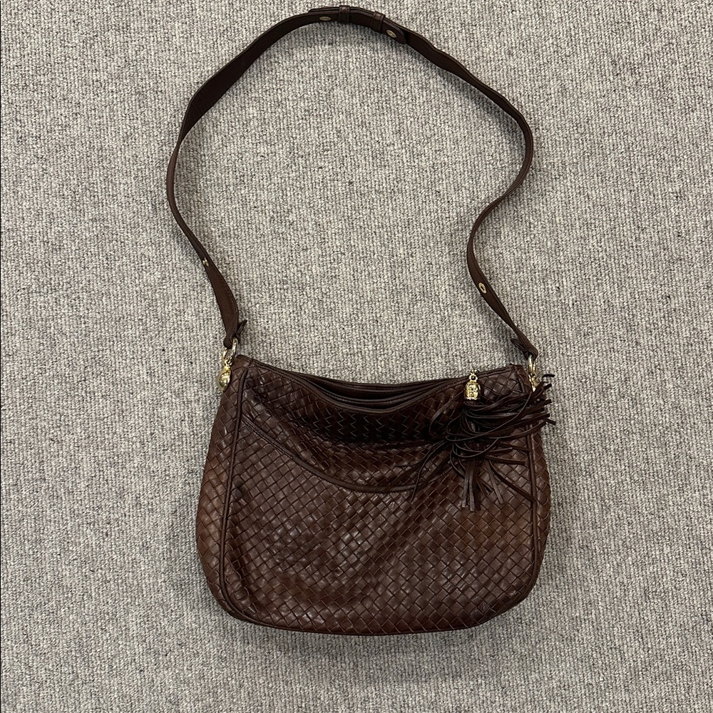 VINTAGE 👜COSCI WOVEN BROWN LEATHER SHOULDER BAG WITH GOLD HARDWARE & POCKETS